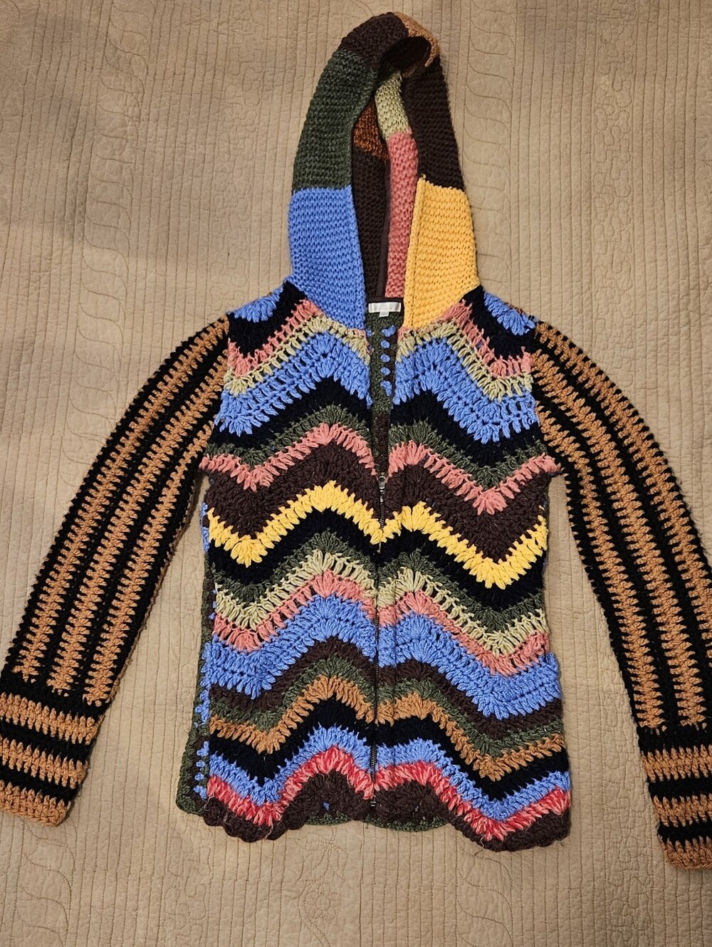 Vintage Woman's Multicolor Crochet Hooded Jacket